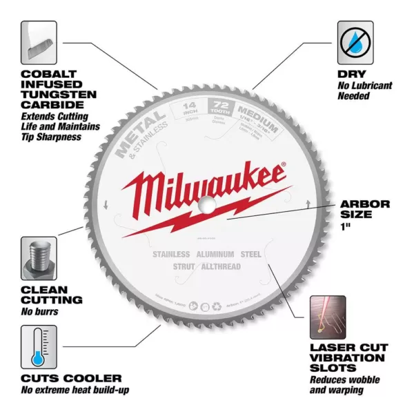 Milwaukee 14 in. x 72 Carbide Teeth Metal & Stainless Cutting Circular Saw Blade