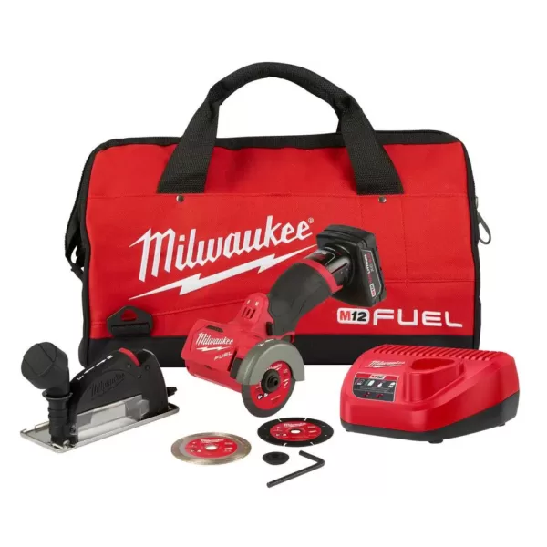 Milwaukee M12 FUEL 12-Volt 3 in. Lithium-Ion Brushless Cordless Cut Off Saw Kit with One 4.0 Ah Battery Charger and Bag