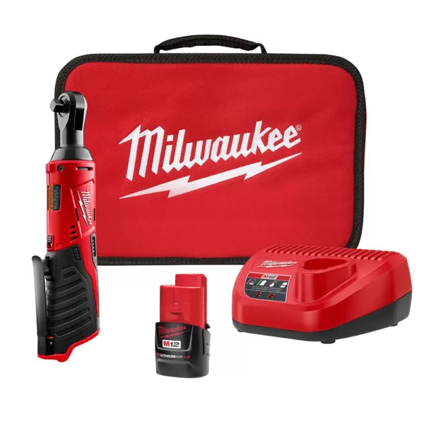 Milwaukee M12 12-Volt Lithium-Ion Cordless 3/8 in. Ratchet Kit with One 1.5 Ah Battery, Charger and Tool Bag