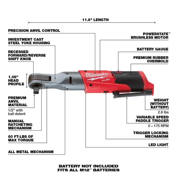 Milwaukee M12 FUEL 12-Volt Lithium-Ion Brushless Cordless 3/8 in. and 1/2 in. Ratchet with two 3.0 Ah Batteries