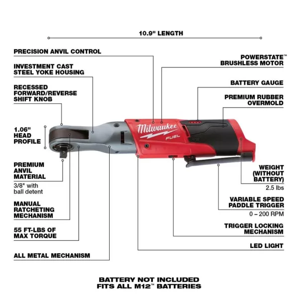 Milwaukee M12 FUEL 12-Volt Lithium-Ion Brushless Cordless 3/8 in. and 1/2 in. Ratchet with two 3.0 Ah Batteries