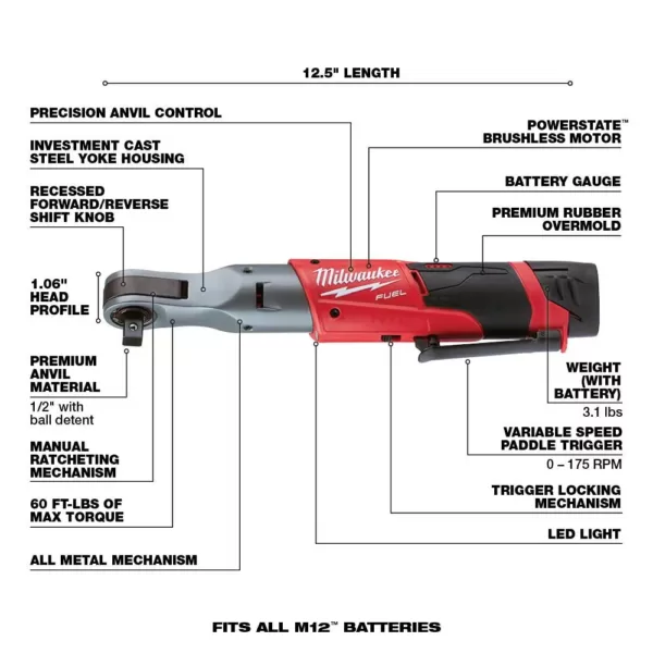 Milwaukee M12 FUEL 12-Volt Lithium-Ion Brushless Cordless 1/2 in. Ratchet Kit W/ (2) 2.0Ah Batteries, Charger & Tool Bag