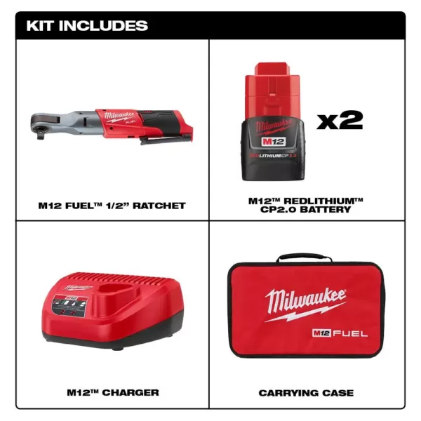 Milwaukee M12 FUEL 12-Volt Lithium-Ion Brushless Cordless 1/2 in. Ratchet Kit W/ (2) 2.0Ah Batteries, Charger & Tool Bag