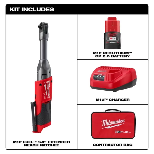 Milwaukee M12 FUEL 12-Volt Lithium-Ion Brushless Cordless 1/4 in. Extended Reach Ratchet Kit with Metric Ratcheting Wrench Set