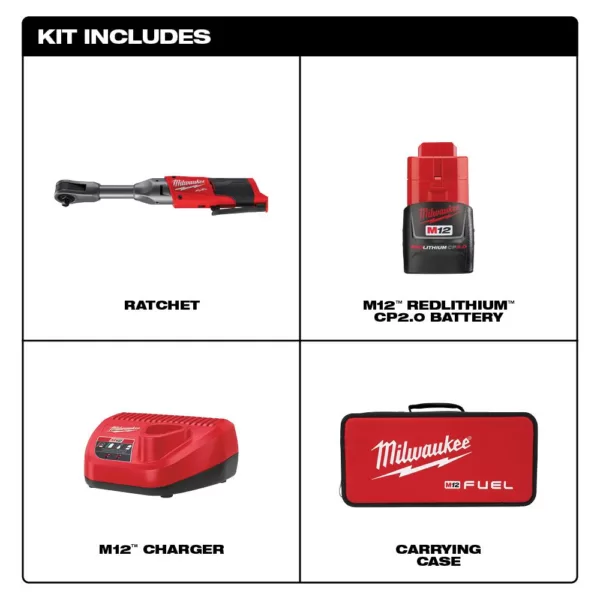 Milwaukee M12 FUEL 12-Volt Lithium-Ion Brushless Cordless 3/8 in. Extended Reach Ratchet Kit with One 2.0 Ah Batteries