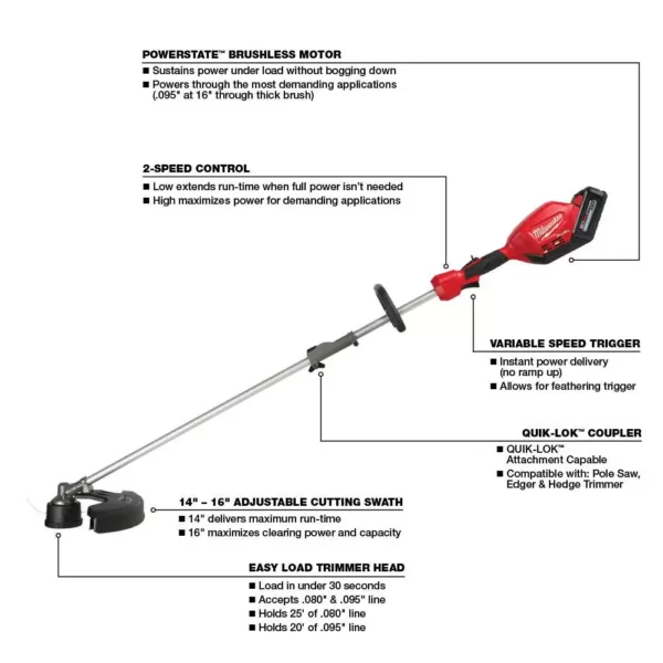 Milwaukee M18 FUEL 18-Volt Lithium-Ion Brushless Cordless String Trimmer w/ QUIK-LOK Attachment Capability W/ 8Ah & 6Ah Battery