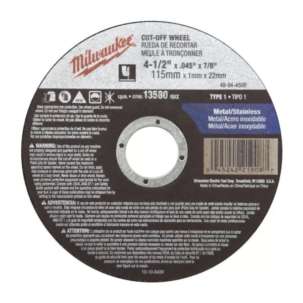 Milwaukee 4-1/2 in. x 0.045 in. x 7/8 in. Cut-Off Wheel (Type 27)