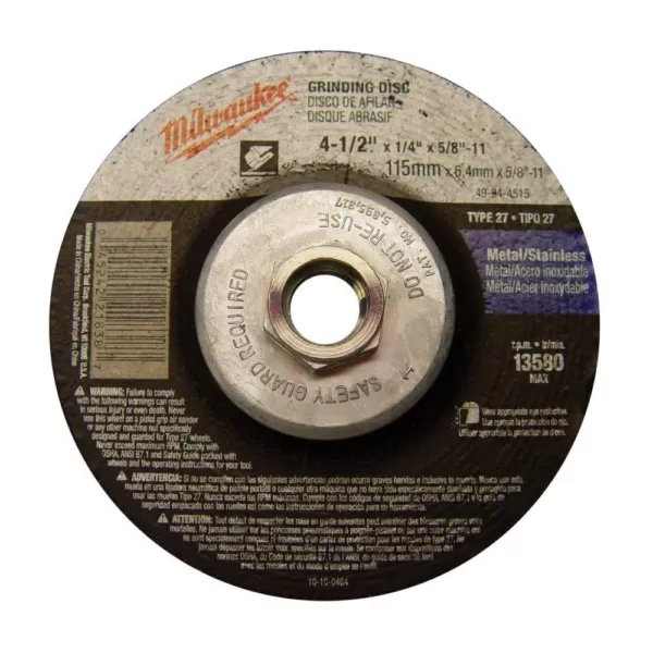 Milwaukee 4-1/2 in. x 1/4 in. x 5/8-11 in. Grinding Wheel (Type 27)