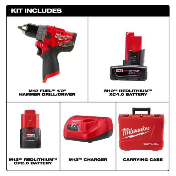 Milwaukee M12 FUEL 12-Volt Lithium-Ion Brushless Cordless 1/2 in. Hammer Drill Kit with 4.0 Ah and 2.0 Ah Battery and Hard Case