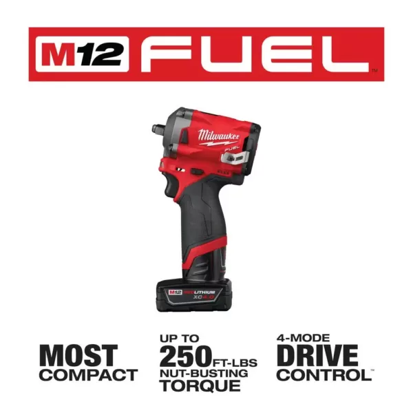 Milwaukee M12 FUEL 12-Volt Lithium-Ion Brushless Cordless Stubby 3/8 in. Impact Wrench Kit with One 4.0 and One 2.0Ah Batteries