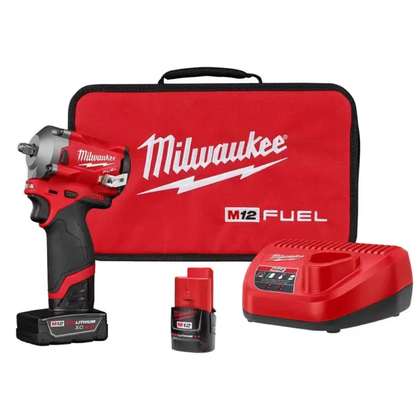 Milwaukee M12 FUEL 12-Volt Lithium-Ion Brushless Cordless Stubby 3/8 in. Impact Wrench Kit with One 4.0 and One 2.0Ah Batteries