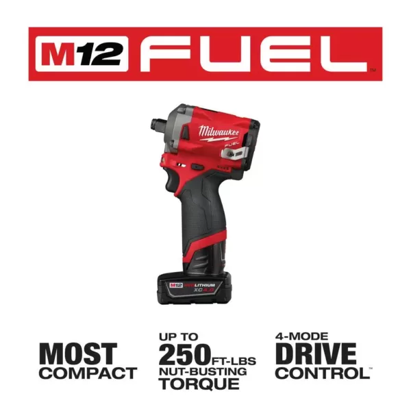 Milwaukee M12 FUEL 12-Volt Lithium-Ion Brushless Cordless Stubby 1/2 in. Impact Wrench Kit with One 4.0 and One 2.0Ah Batteries