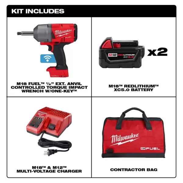 Milwaukee M18 ONE-KEY FUEL 18-Volt Lithium-Ion Brushless Cordless 1/2 in. Impact Wrench with Extended Anvil Kit with 2 Batteries