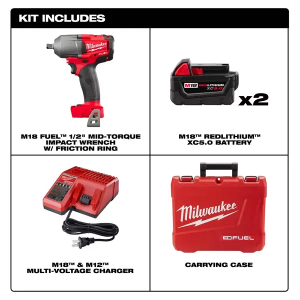 Milwaukee M18 FUEL 18-Volt Lithium-Ion Brushless Cordless Mid Torque 1/2 in. Impact Wrench W/Friction Ring Kit W/(2) 5.0Ah Battery