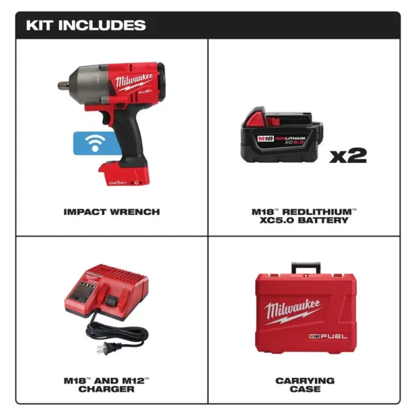 Milwaukee M18 FUEL ONE-KEY 18-Volt Lithium-Ion Brushless Cordless 1/2 in. Impact Wrench w/ Pin Detent Kit w/(2) 5.0Ah Batteries