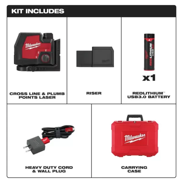 Milwaukee Green 100 ft. Cross Line and Plumb Points Rechargeable Laser Level with REDLITHIUM Lithium-Ion USB Battery and Charger