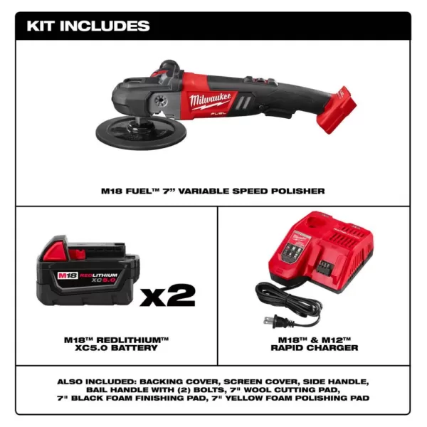 Milwaukee M18 FUEL 18-Volt Lithium-Ion Brushless Cordless 7 in. Polisher Variable Speed Kit W/ Pads & (2) 5.0Ah Batteries