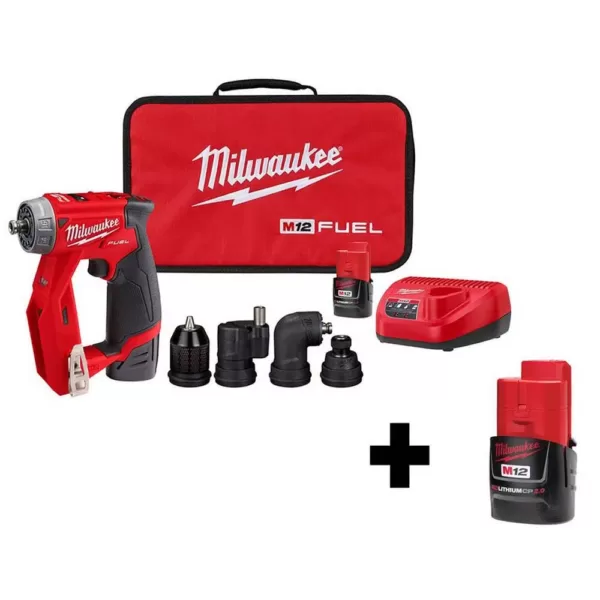 Milwaukee M12 FUEL 12-Volt Lithium-Ion Brushless Cordless 4-in-1 Installation 3/8 in. Drill Driver Kit W/ Bonus 2.0Ah Battery