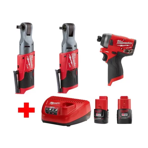 Milwaukee M12 FUEL 12-Volt Lithium-Ion Brushless Cordless Ratchet & Impact Combo Kit (3-Tool) with (2) 2.0Ah Battery & Charger