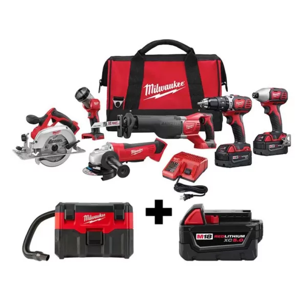 Milwaukee M18 18-Volt Lithium-Ion Cordless Combo Tool Kit (6-Tool) w/ Wet/Dry Vacuum and Additional 5.0Ah Battery