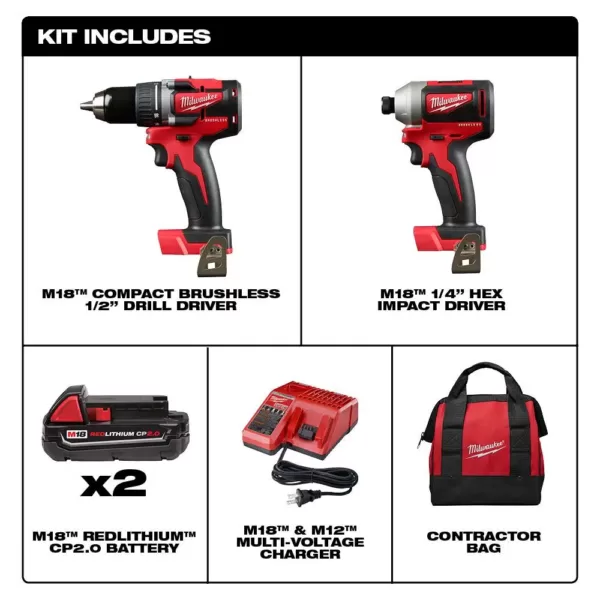 Milwaukee M18 18-Volt Lithium-Ion Brushless Cordless Compact Drill/Impact Combo Kit (2-Tool) W/ (2) 2.0Ah Batteries, Charger & Bag