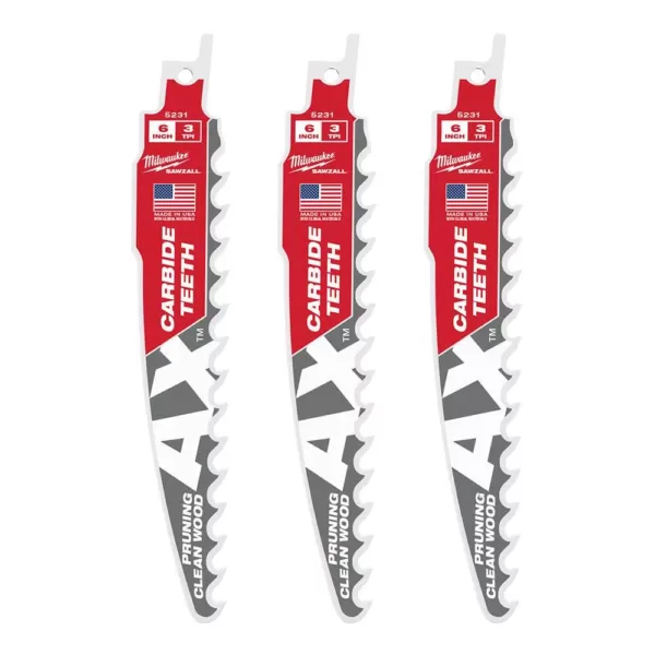 Milwaukee 6 in. 3 TPI Pruning Carbide Teeth Wood Cutting SAWZALL Reciprocating Saw Blade (3-Pack)