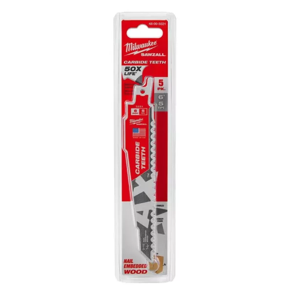 Milwaukee 6 in. 5 Teeth per in. AX Carbide Teeth Demolition Nail Embedded Wood Cutting SAWZALL Reciprocating Saw Blades (5 Pack)