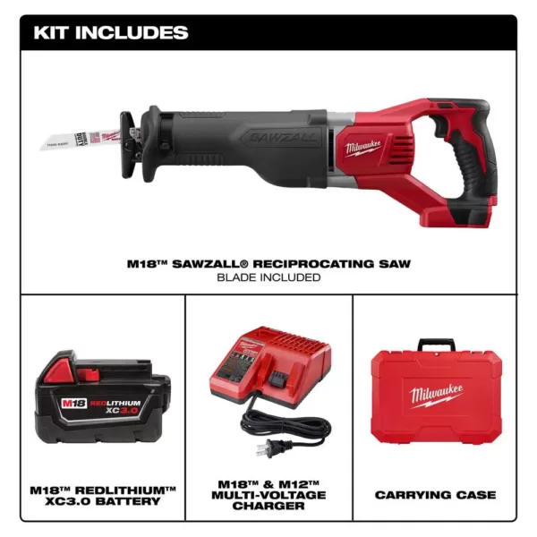 Milwaukee M18 18-Volt Lithium-Ion Cordless SAWZALL Reciprocating Saw W/(1) 3.0Ah Batteries, Charger, Hard Case