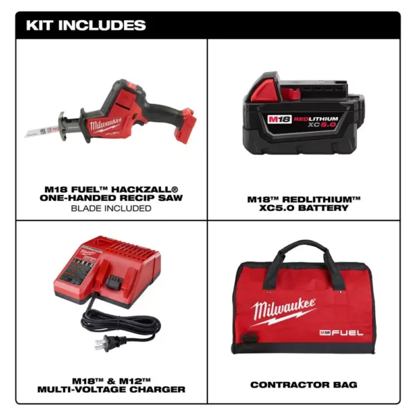 Milwaukee M18 FUEL 18-Volt Lithium-Ion Brushless Cordless HACKZALL Reciprocating Saw Kit W/(1) 5.0Ah Batteries, Charger & Tool Bag