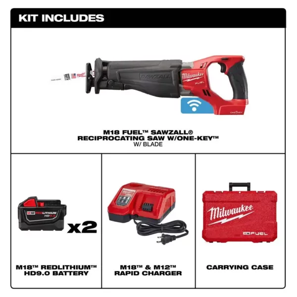 Milwaukee M18 FUEL ONE-KEY 18-Volt Lithium-Ion Brushless Cordless SAWZALL Reciprocating Saw Kit with Two 9.0Ah Batteries