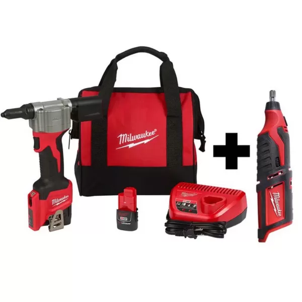 Milwaukee M12 12-Volt Lithium-Ion Cordless Rivet Tool Kit with (2) 1.5Ah Batteries and Charger and M12 Rotary Tool