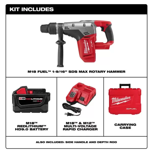 Milwaukee M18 FUEL 18-Volt Lithium-Ion Brushless Cordless 1 9/16 in. SDS-Max Rotary Hammer Kit W/ (1) 9.0Ah Battery, Hard Case