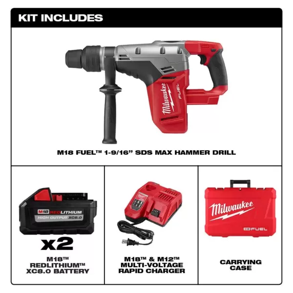 Milwaukee M18 FUEL 18-Volt Lithium-Ion Brushless Cordless 1-9/16 in. SDS-Max Rotary Hammer Kit w/ Two 8.0Ah Batteries & Hard Case