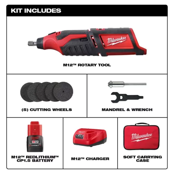 Milwaukee M12 12-Volt Lithium-Ion Cordless Rotary Tool Kit w/(1) 1.5Ah Battery, Charger, Tool Bag