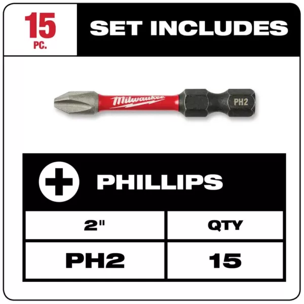 Milwaukee #2 Philips Shockwave 2 in. Impact Duty Steel Driver Bits (15-Pack)