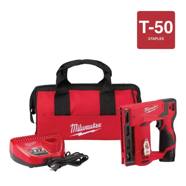 Milwaukee M12 12-Volt Lithium-Ion Cordless 3/8 in. Crown Stapler Kit W/ (1) 1.5Ah Battery, Charger & Bag