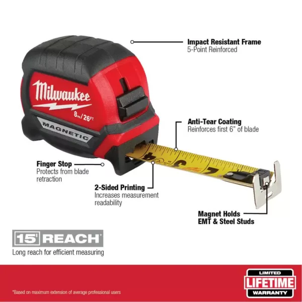 Milwaukee 8 m/26 ft. x 1 in. Compact Magnetic Tape Measure with 15 ft. Reach