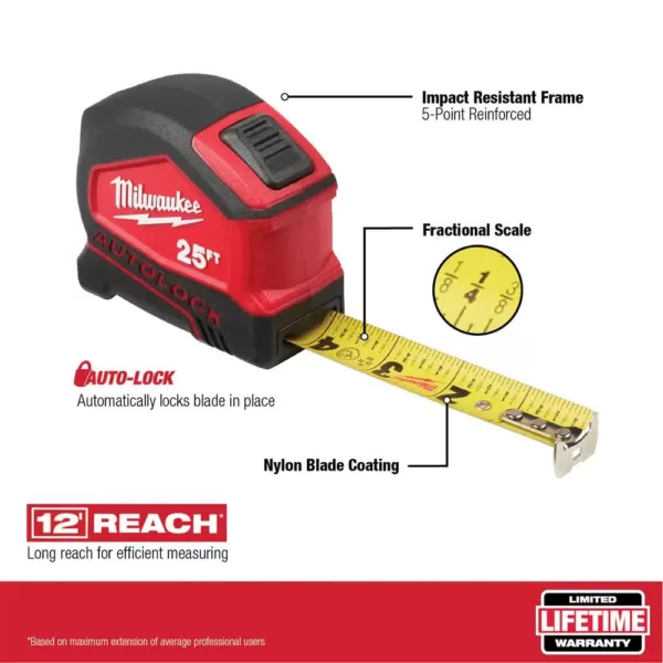 Milwaukee 25 ft. Compact Auto Lock Tape Measure