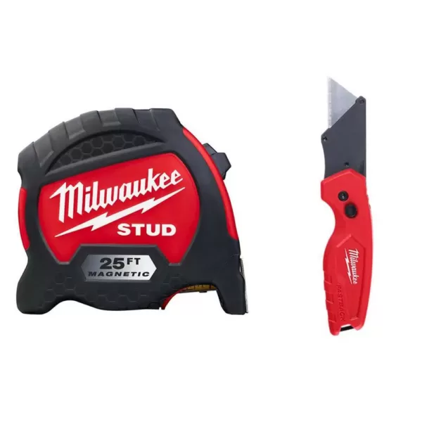 Milwaukee 25 ft. x 1.3 in. Gen II STUD Magnetic Tape Measure with 14 ft. Standout with Fastback Compact Folding Utility Knife