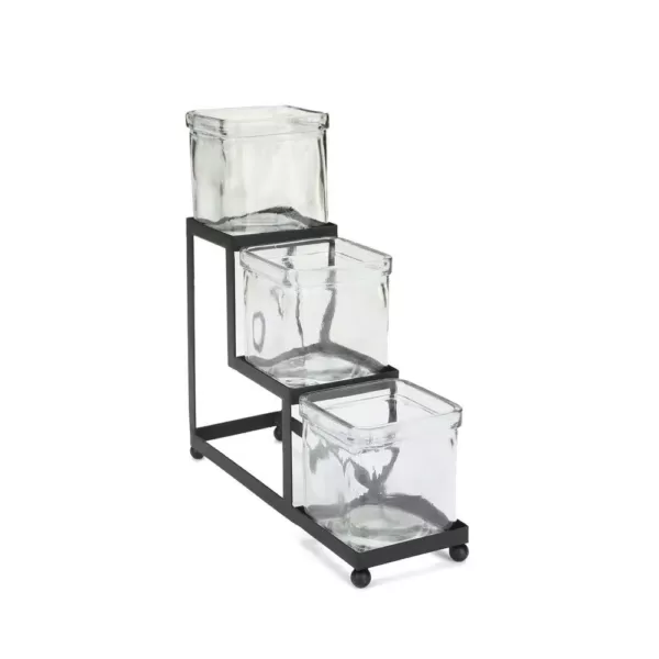 Mind Reader 24 oz. 3-Compartment Tiered Black Metal Condiment Server Jar Stand, Garnish Station for Restaurant, Bars, Removable Jars