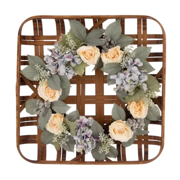 Glitzhome 22 in. Dia Hydrangea Rose Wreath with 24 in. L Bamboo Tobacco Basket