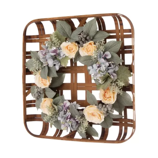 Glitzhome 22 in. Dia Hydrangea Rose Wreath with 24 in. L Bamboo Tobacco Basket