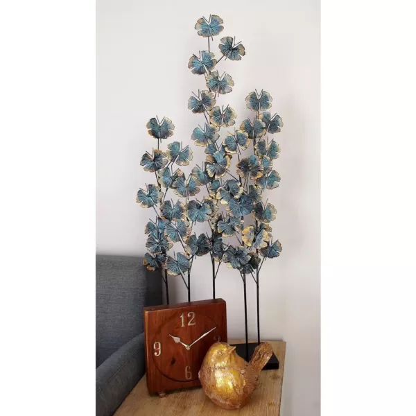 LITTON LANE Iron Metal Turquoise Ginkgo Leaves on Straight Stems Sculpture