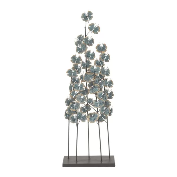 LITTON LANE Iron Metal Turquoise Ginkgo Leaves on Straight Stems Sculpture