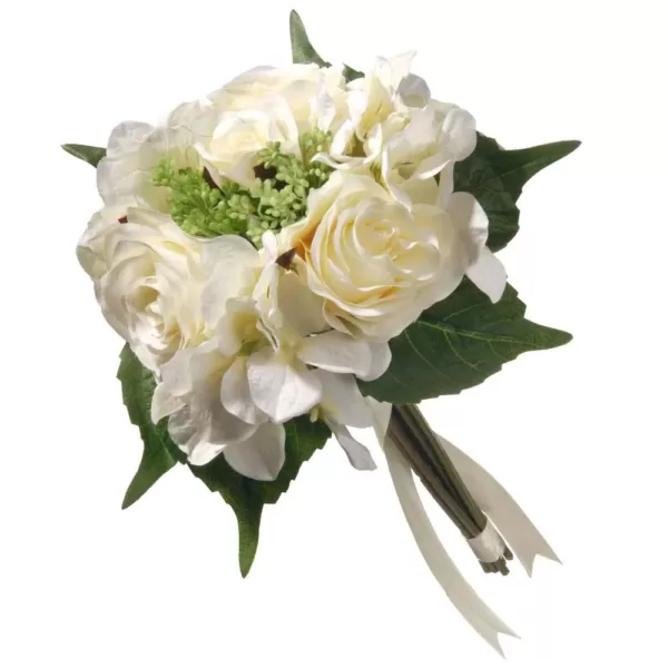 National Tree Company 12.2 in. Mixed Cream Rose and Hydrangea Bouquet