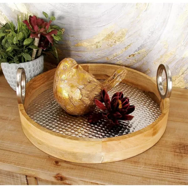 LITTON LANE Rustic Wood and Aluminum Round Trays (Set of 2)