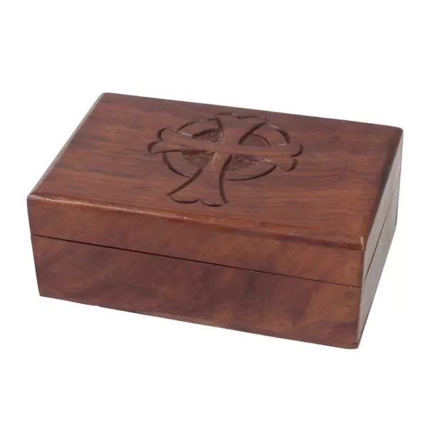 Stonebriar Collection 6 in. x 2 in. Natural Wooden Box with Hinged Lid and Carved Cross