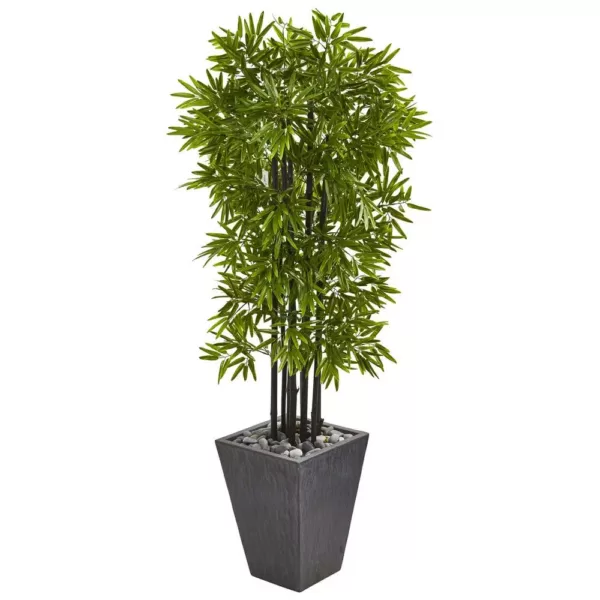 Nearly Natural Indoor/Outdoor 61 in. Bamboo Artificial Tree with Black Trunks in Slate Planter UV Resistant