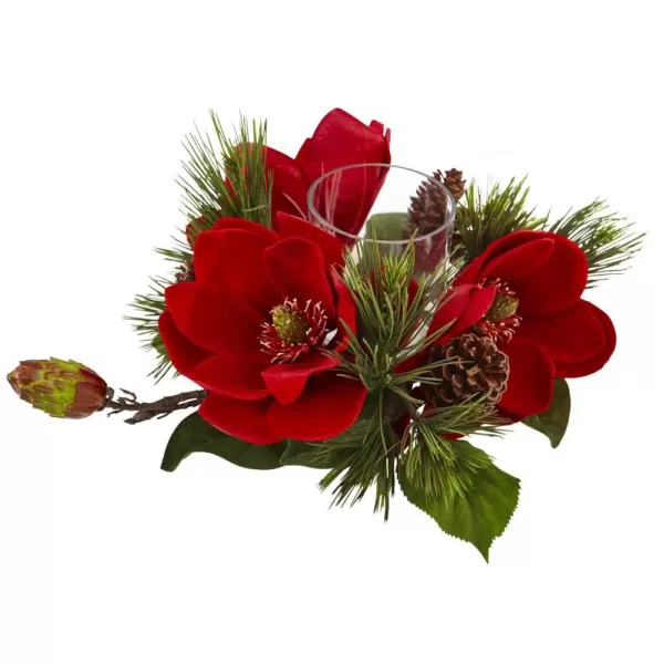 Nearly Natural 7 in. Red Magnolia and Pine Candelabrum