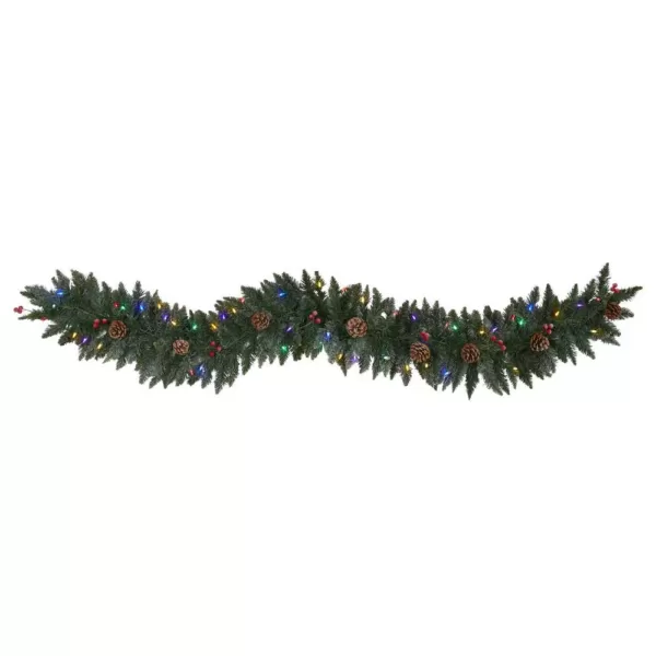 Nearly Natural 6 ft. Pre-Lit Snow Dusted Artificial Christmas Garland with 50 Multi-Colored LED Lights, Berries and Pinecones